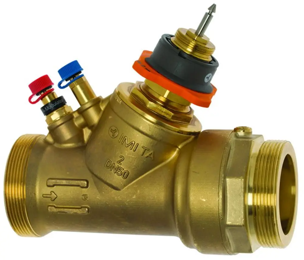 Regulierventil aus Messing von IMI Hydronic Engineering mit Modulationselementen in Rot und Blau, Anschlussgewinde auf der linken und rechten Seite, für Druckunabhängigkeit.